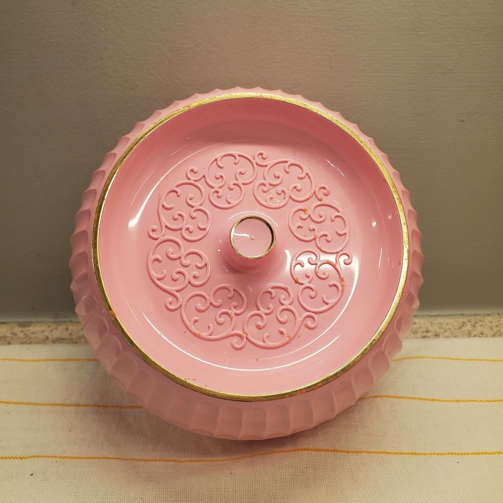 Vtg April Showers Dusting Powder Container Pink Plastic Fluted Vanity Jar Puff - Picture 4 of 8